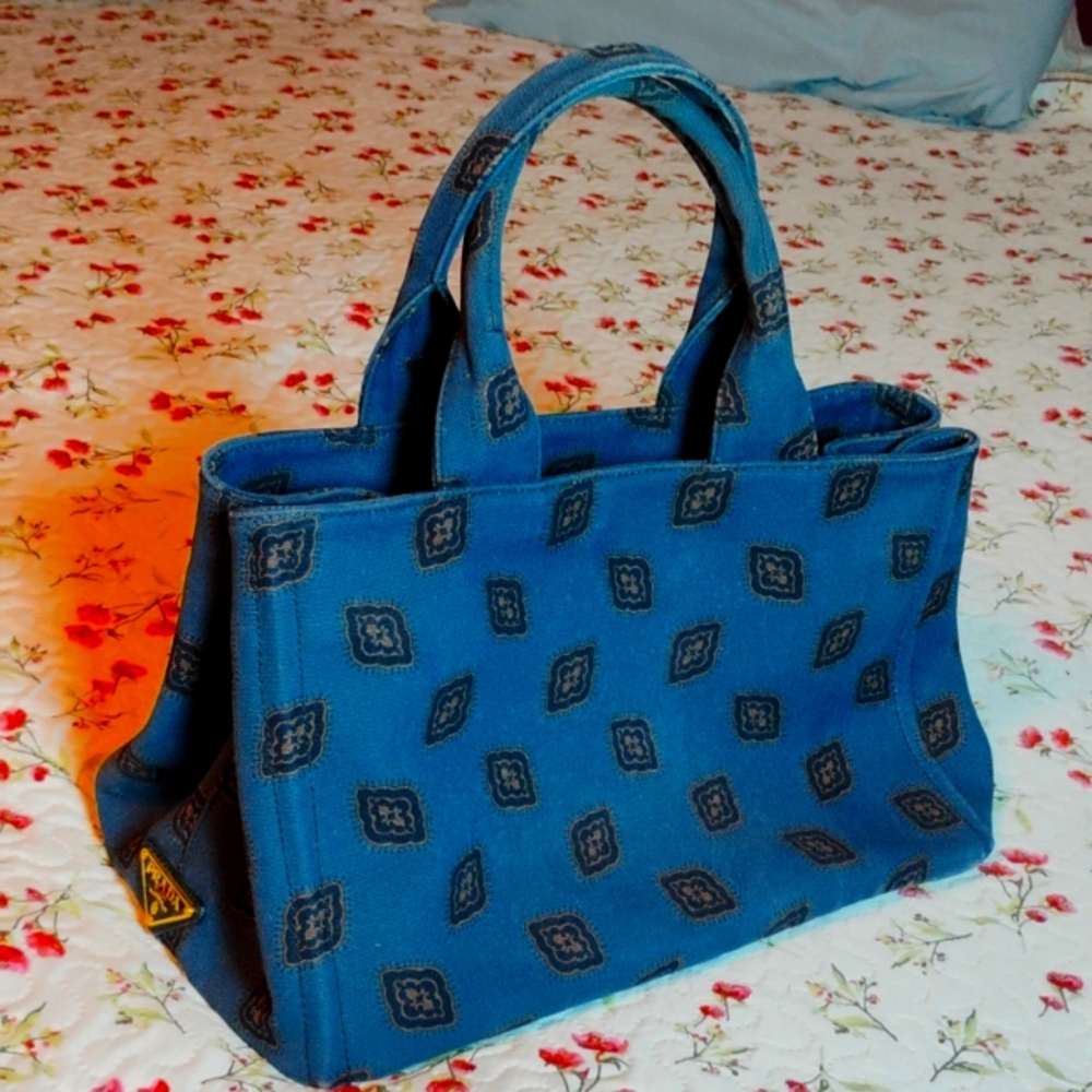 Prada Blue Patterned Canvas Tote